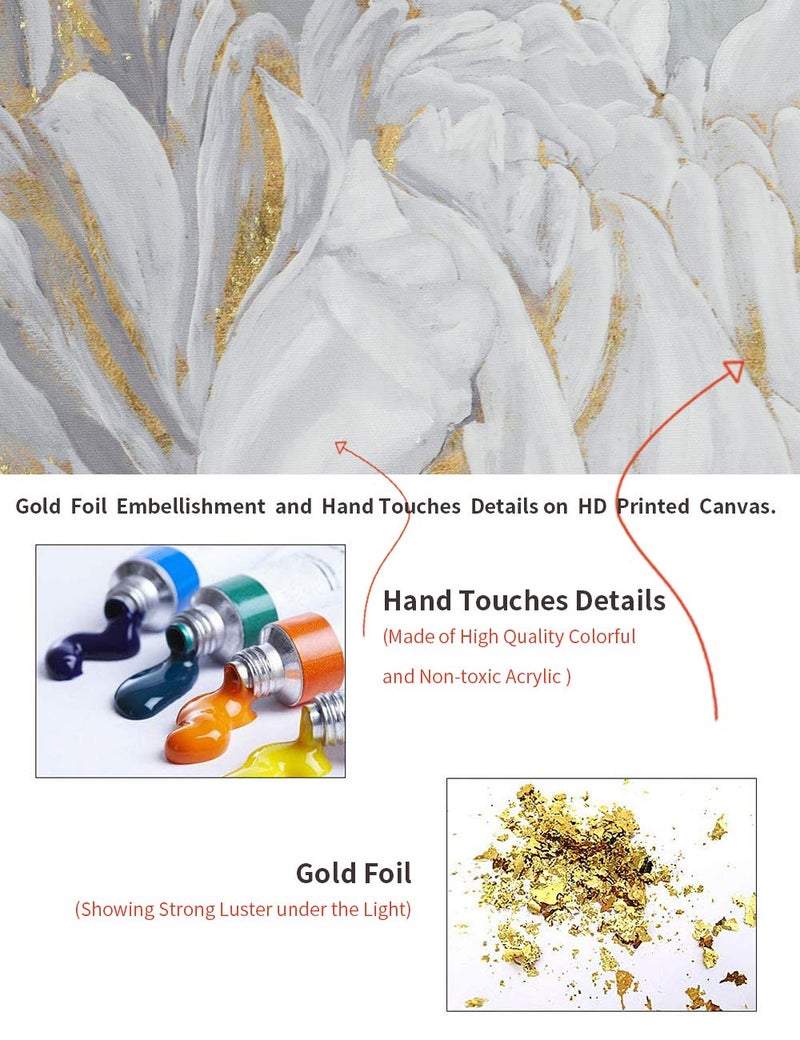 Goldfoilart Flower Wall Art Floral Decor Modern White Blooming Pictures with Gold Foil Paintings Framed Artwork for Living Room Bedroom Kitchen Decorations 24" x 24" x 2 Pcs - Image 4